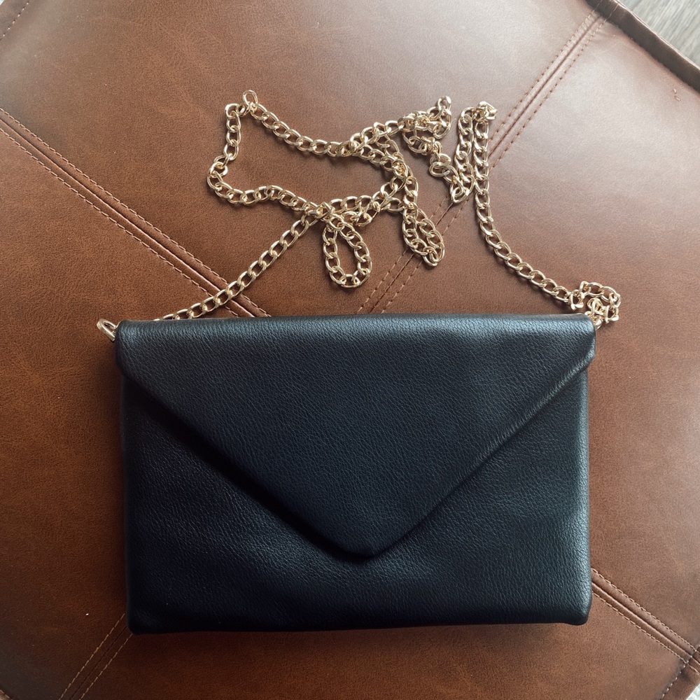 Elegant Black Leather Clutch with Gold Chain